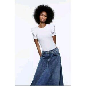 Zara Ruffled WHITE Rib Bodysuit Short Sleeve Stretch NWT M WHITE 3641 302